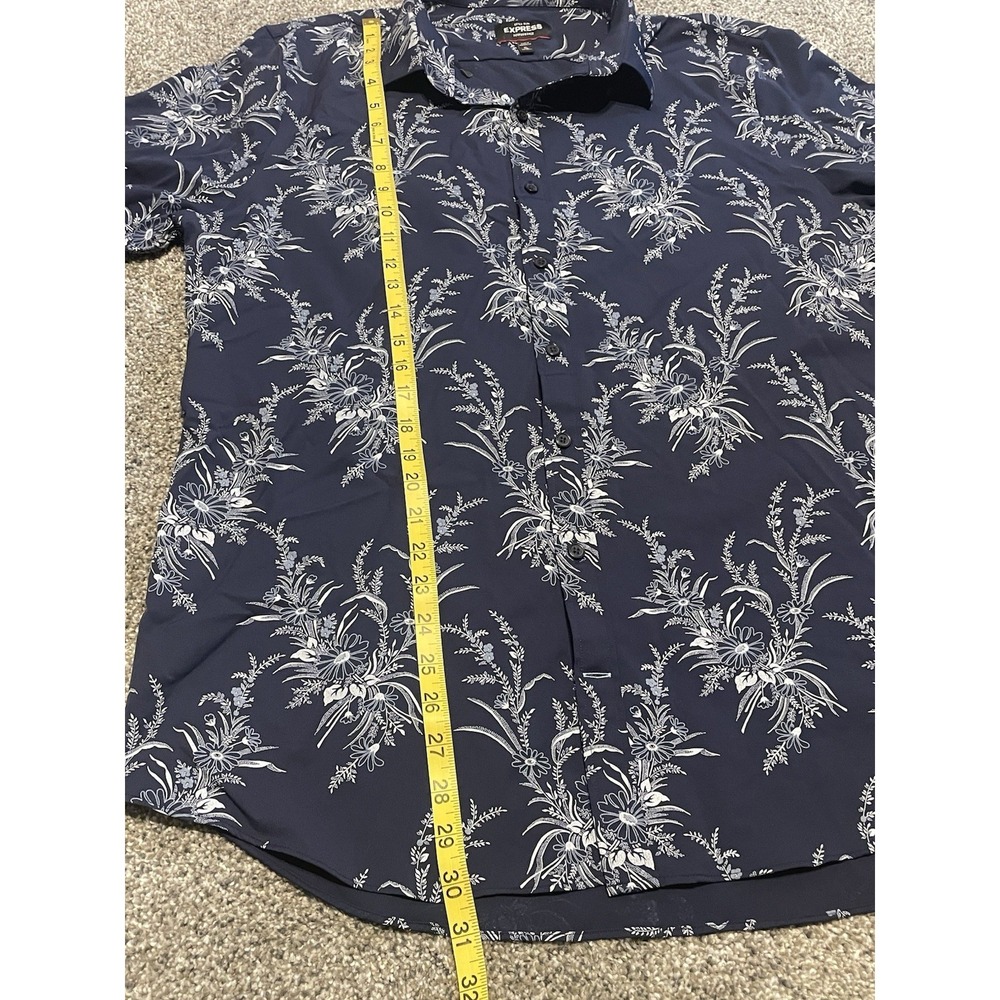 Express Men Shirt XL Extra Slim Navy Blue Floral Hawaiian Button Up Long Sleeve - Picture 6 of 6